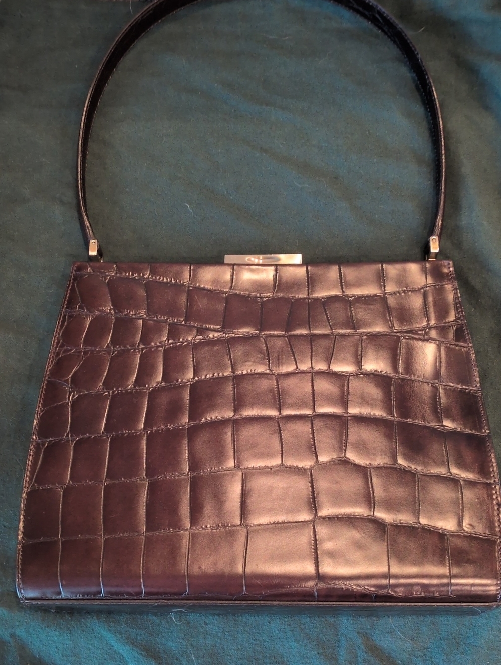 Vintage Cole Haan Chocolate Brown Croc-Embossed Leather Framed Handbag - Picture 3 of 10